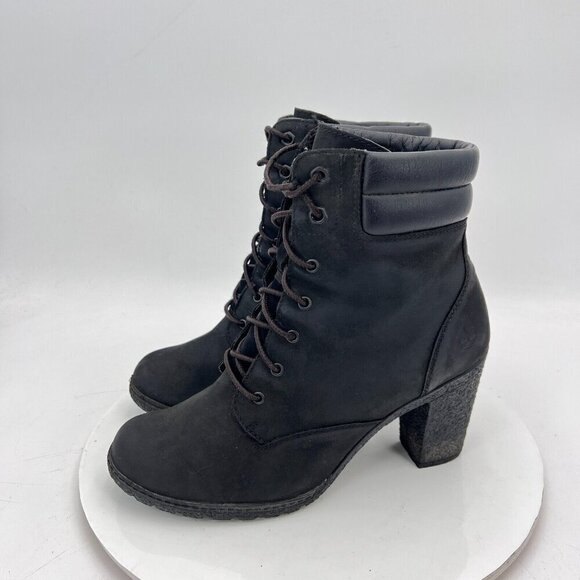 Timberland Tillston Women size 9.5 A1H1l Black Suede Lace Up High Heel Boot - Picture 1 of 12